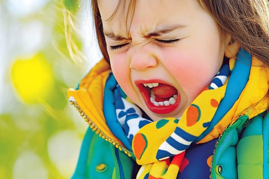 A young child in bright winter attire is expressing intense emotions in a sunny outdoor setting.