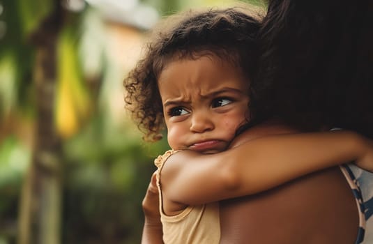 A young child expresses feelings of discomfort while being held by an adult in a natural outdoor setting.