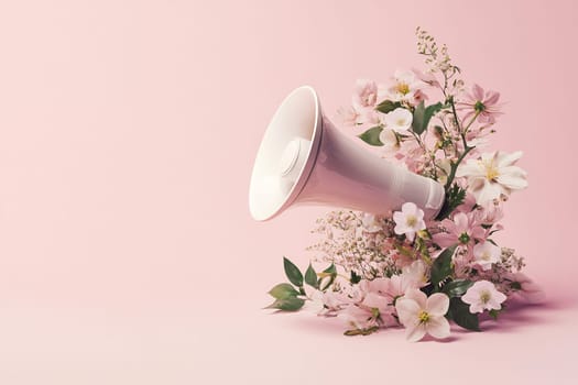 A white loudspeaker emerges from a lush arrangement of pink flowers against a soft pastel backdrop, creating a vibrant display of sound and nature.