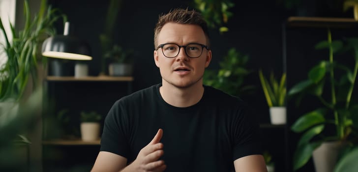 A young man gestures and shares insightful tips on caring for indoor plants in a well-lit space filled with greenery.