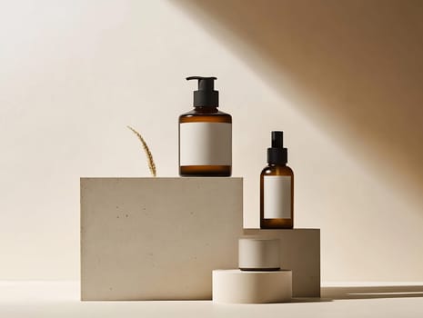 Two skincare bottles sit atop geometric blocks, showcasing a clean and modern aesthetic with soft lighting.
