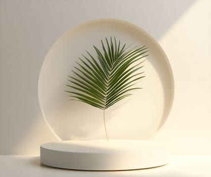 A vibrant green palm leaf is elegantly placed against a softly illuminated white backdrop, creating a serene atmosphere.