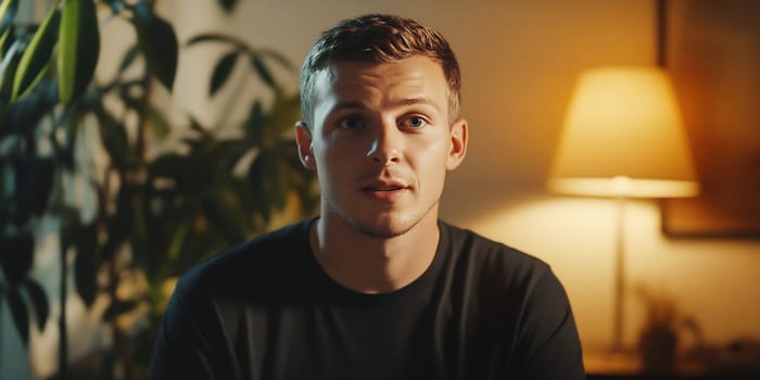 A young man engages in conversation while sitting in a cozy indoor setting, illuminated by a warm lamp in the background.