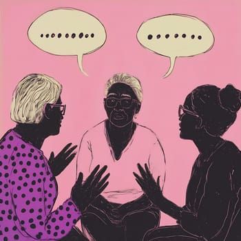 Three women engage in conversation, sharing thoughts and expressions in a colorful, lively atmosphere that encourages dialogue.