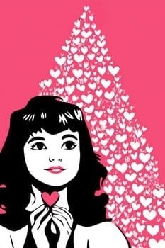 A young woman holds a heart while gazing dreamily at a background filled with white hearts on a vibrant pink backdrop.