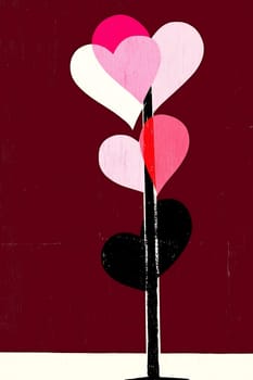 A display of hearts in varying shades stands on a simple pole against a deep red backdrop, creating a playful and vibrant atmosphere.