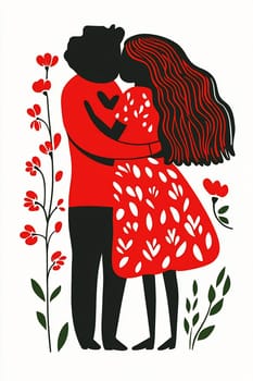 A couple hugs affectionately amidst blooming flowers, showcasing warmth and connection through artful stylization and color.