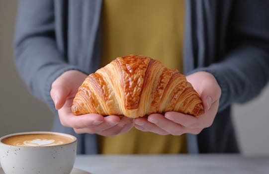 A person holds a fresh croissant in their hands, with a cup of coffee nearby, creating a cozy moment of indulgence.