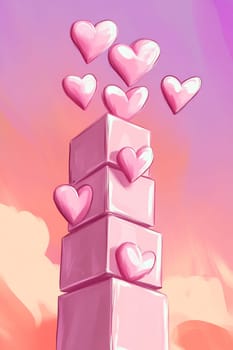 A whimsical tower of pink blocks is topped with floating hearts against a vibrant sunset sky, creating a cheerful and uplifting atmosphere.
