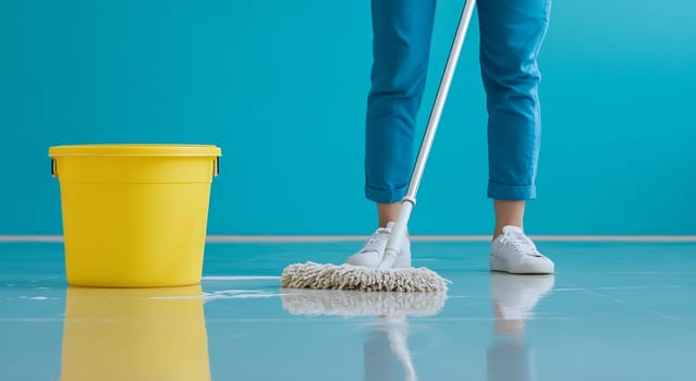A person mops a shiny floor using a yellow bucket and a mop in a bright, turquoise environment.