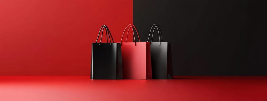 Three shopping bags in red and black stand against a vibrant backdrop, highlighting a modern retail atmosphere.