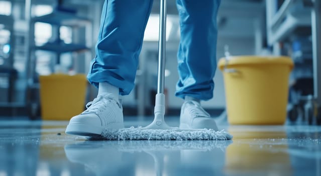 A healthcare worker mops the floor in a hospital, ensuring a clean and safe environment for patients and staff.