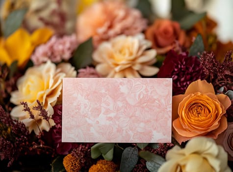 A vibrant floral arrangement features various colored flowers and leaves, with a blank card positioned at the center.