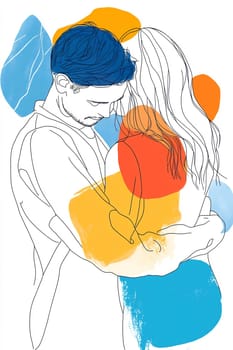 A couple shares a tender embrace, surrounded by vibrant abstract colors, showcasing intimacy and warmth between them.