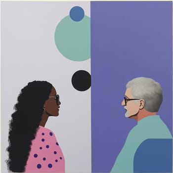A woman and a man sit face to face, engaged in conversation, surrounded by colorful abstract shapes in a modern setting.