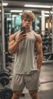 A young man takes a selfie in the gym, showcasing his well-defined muscles while standing in front of gym equipment.