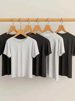 A row of neatly hung casual t-shirts in white and black, arranged with simple wooden hangers in a clean environment.