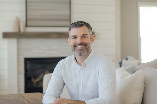 A man with a beard sits comfortably at a table, smiling warmly in a well-lit living space.