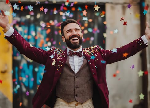 A man joyfully throws colorful confetti into the air while smiling, dressed in a stylish outfit, celebrating a special occasion.