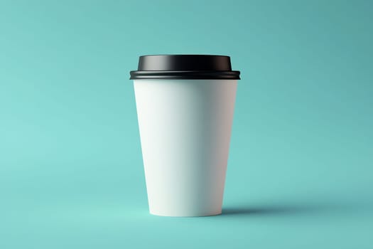 A plain white takeaway cup with a black lid sits against a teal background, showcasing a minimalist design and color palette.