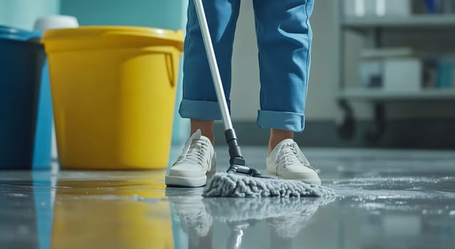 A person is mopping the floor in a commercial area, ensuring cleanliness and hygiene in a working environment.