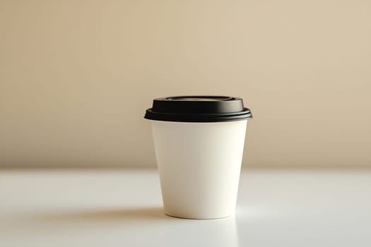 A plain white coffee cup with a black lid sits on a clean tabletop, illuminated by soft light, creating a minimalist ambiance.