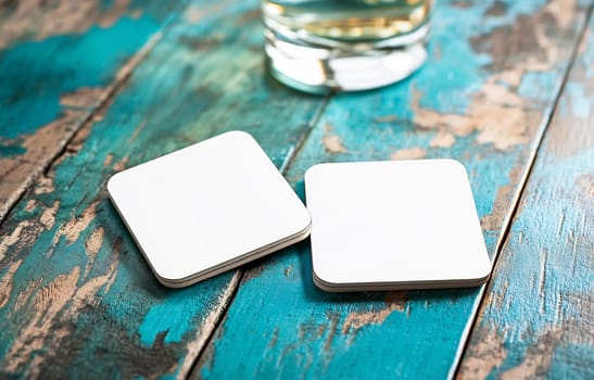 Two blank coasters rest on a weathered wooden table beside a glass of clear beverage, creating a relaxed atmosphere.