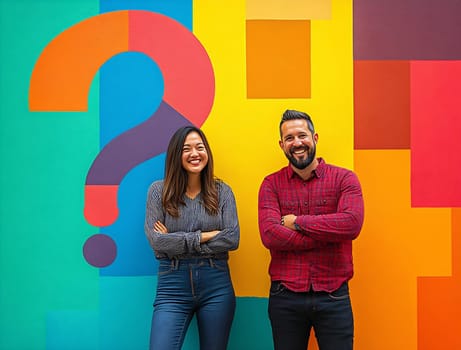 A man and woman stand in front of a vibrant mural, smiling confidently with arms crossed against a backdrop of bold colors and shapes.