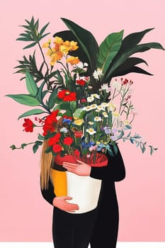A person stands indoors, hugging a vibrant assortment of flowers and plants against a pink background.