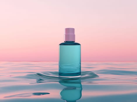 A tranquil blue bottle rests on the water's surface as soft sunset colors blend in the background, creating a peaceful atmosphere.