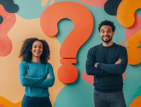 A man and a woman pose confidently against a vibrant mural featuring large question marks and abstract shapes.