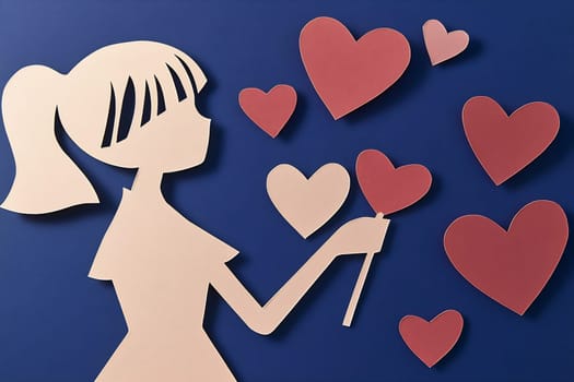 A girl in a dress joyfully holds a stick with hearts, surrounded by floating heart shapes on a blue background.