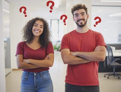 Two coworkers are standing in an office, smiling and looking amused while surrounded by question marks, suggesting curiosity or uncertainty.