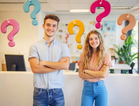 Two cheerful young adults stand in a contemporary workspace, posing confidently with question marks in the background.