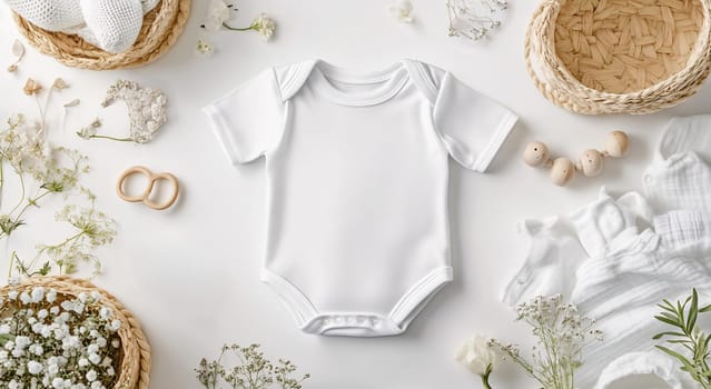 A small white onesie is beautifully arranged among delicate flowers and woven baskets, showcasing a charming nursery setting.