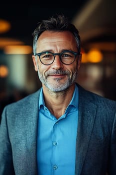 A middle-aged man with glasses smiles confidently while wearing a suit and blue shirt indoors during the day.