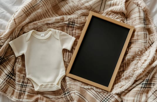 A soft beige onesie rests beside a blank chalkboard on a warm, plaid blanket, perfect for baby announcements or photography.