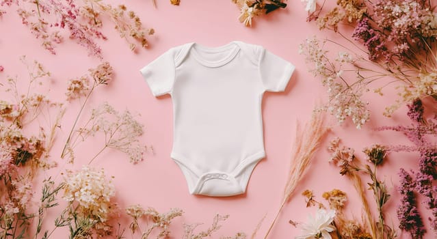 A plain white baby onesie is centered on a soft pink surface, surrounded by delicate dried flowers, creating a charming display.