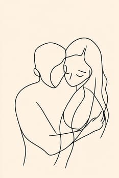 A couple is depicted in a close embrace, illustrated with clean lines on a light background, conveying warmth and intimacy.