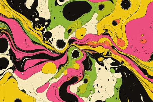 Vibrant colors blend and swirl on the canvas, creating an eye-catching abstract artwork filled with dynamic shapes and patterns.