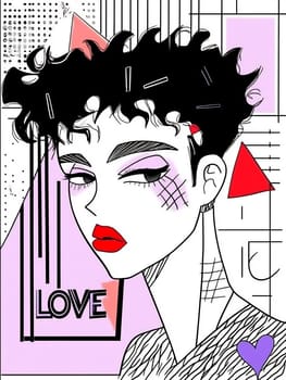 A striking illustration showcasing a modern girl with bold makeup and hairstyle, surrounded by abstract shapes and the word love.
