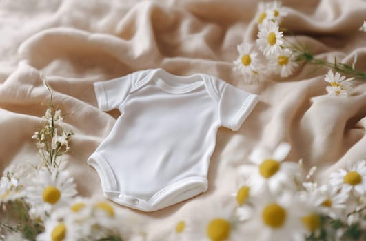 A simple white onesie lies among delicate daisies and soft fabric, creating a serene ambiance perfect for a baby s arrival.