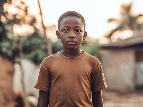 A young boy stands outdoors against a blurred background during sunset, gazing confidently at the camera with a serious expression.