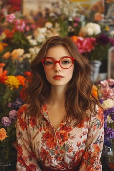 A young woman with red glasses poses amidst vibrant flowers in a colorful floral shop, showcasing her relaxed demeanor.