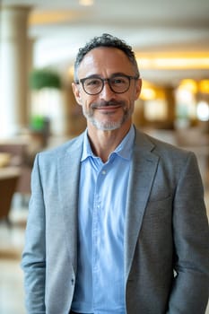 A man wearing a gray blazer and glasses stands confidently in a well-lit, elegant indoor space, smiling warmly.