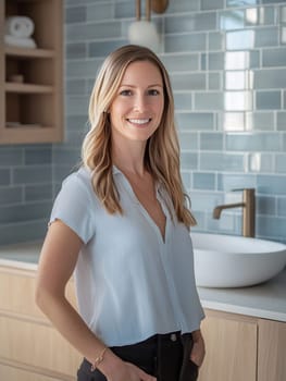 A young woman with long hair stands confidently in a stylish kitchen, highlighting contemporary design elements and a bright atmosphere.