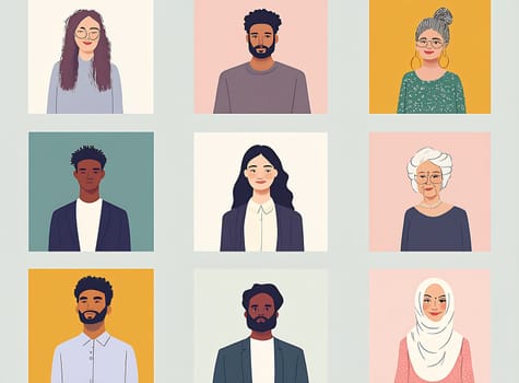 Nine unique individuals are represented in vibrant portraits, showcasing a variety of backgrounds and styles in a grid layout.