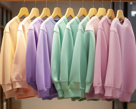 A collection of colorful, cozy sweaters hangs neatly on wooden hangers in a stylish retail space, showcasing a range of pastel shades.