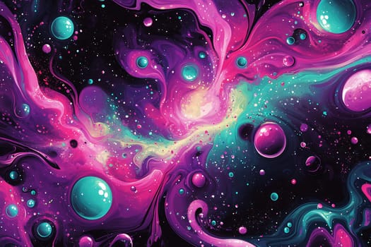 A mesmerizing cosmic swirl features vibrant pink and teal tones, showcasing planets and stars in a deep space background.