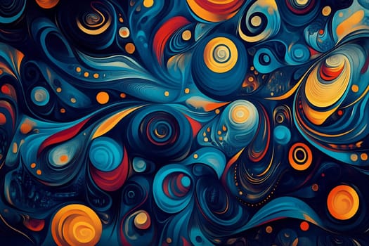 Brightly colored swirls and circles create a vibrant abstract composition with rich blues and warm tones flowing together artistically.